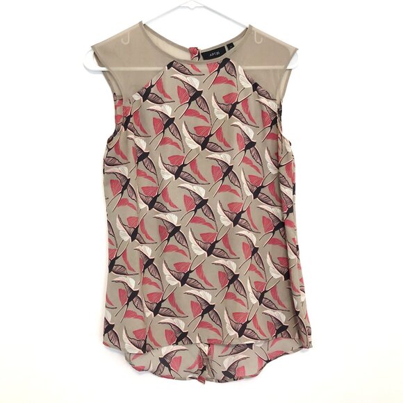 APT. 9 Taupe Pink Black Bird Animal Print Sleeveless Button Back Tank Blouse XS - Picture 2 of 14